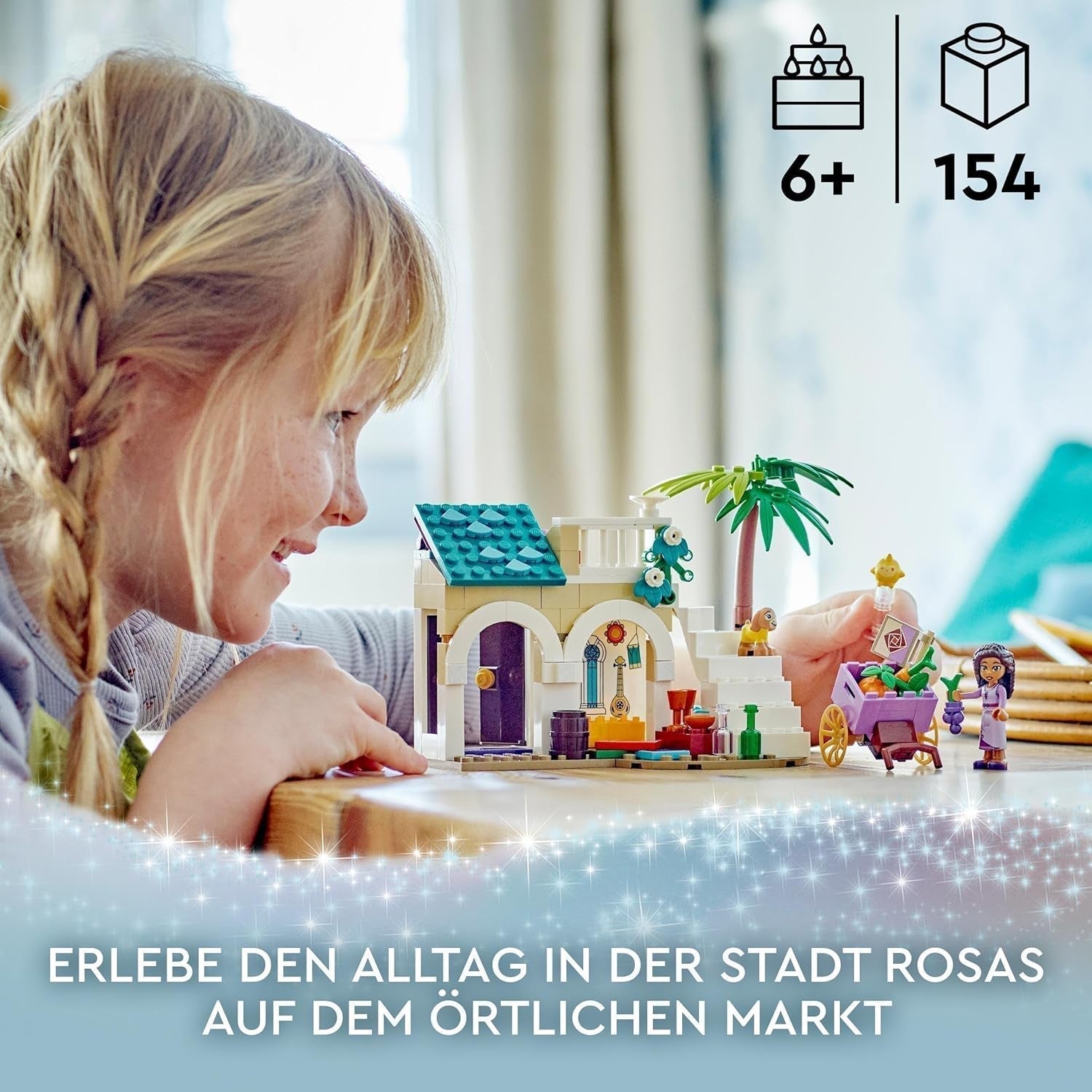 LEGO 43223 Disney Wish Asha in Rosas City, Wish-Filmset mit Markt, Asha-Minipuppe, Valentino als Spielzeugziege und Sternfiguren, Geschenk für Kinder ab 6 Jahren, Bausets für Mädchen und Jungen. Besuchen Sie den LEGO-Store