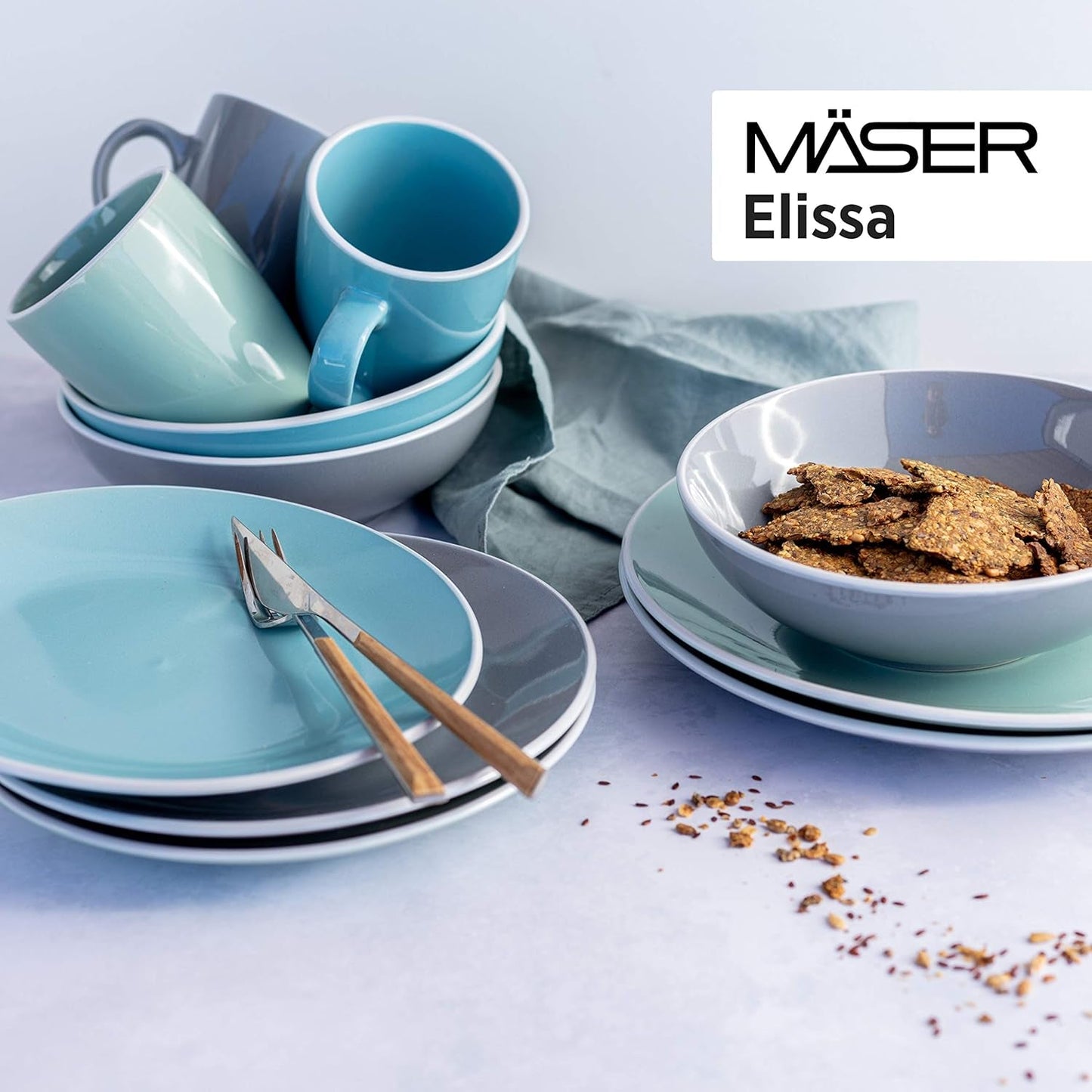 MÄSER 931844 Serie Elissa, modernes Geschirrset für 6 Personen, blau mit weißem Rand, 24-teiliges Kombi-Set, Keramik