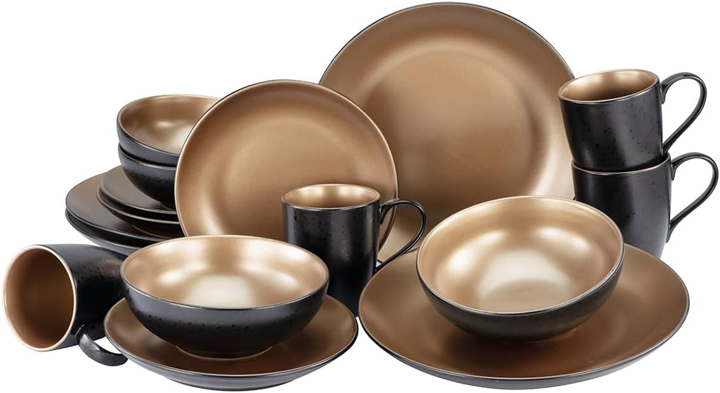 CreaTable, 23598, Serie GLAMOUR – Gold, 16-teiliges Tafelservice, Kombiservice aus Porzellan, spülmaschinen- und mikrowellengeeignet, hochwertige Herstellung