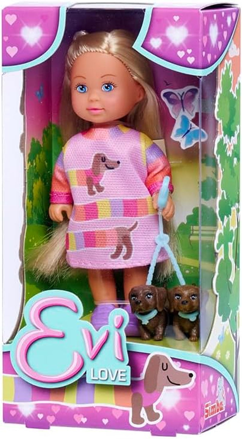 Simba Evi Love Dogs Puppe mit zwei süßen Dackeln an der Leine, 12 cm große Spielzeugpuppe, ab 3 Jahren