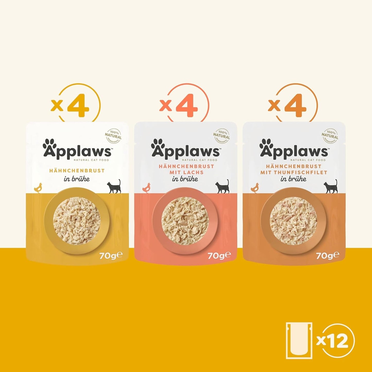 Applaws Natural Nassfutterbeutel für Katzen, Multipack-Hühnerbrühe-Auswahl – 12 Beutel x 70 g