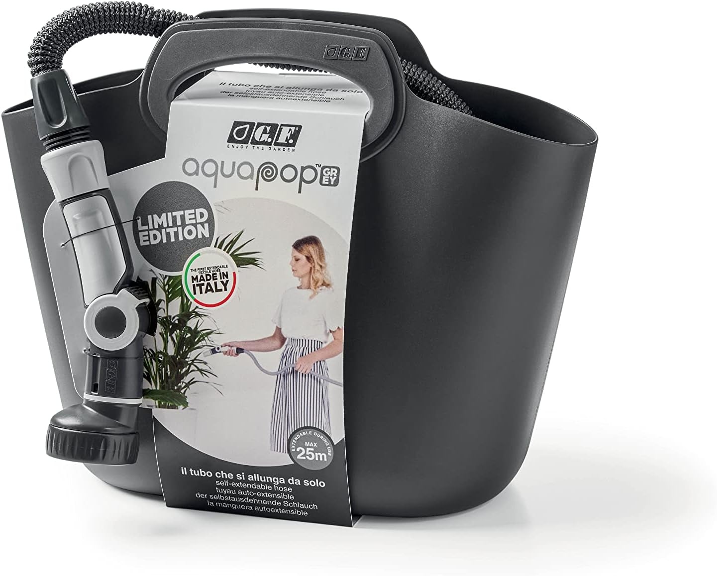 GF SRL, Aquapop Grey Limited Edition mit 25 m langem selbstverlängernden Textilschlauch, hergestellt in Italien, weicher Plastikbeutel, Düsen und Armaturen Lancia 8 für die Gartenbewässerung, dunkelgrau