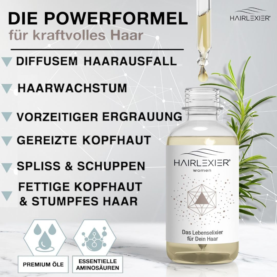 Hairlexier Haarwuchsmittel für Frauen – Rosmarin-Haaröl, Rizinusöl-Haaröl, Lavendelöl, natürliches Haarserum gegen diffusen Haarausfall, unterstützt das Haarwachstum, vegan & biologisch + Arbeitsbuch Haarpflege Naty Shop