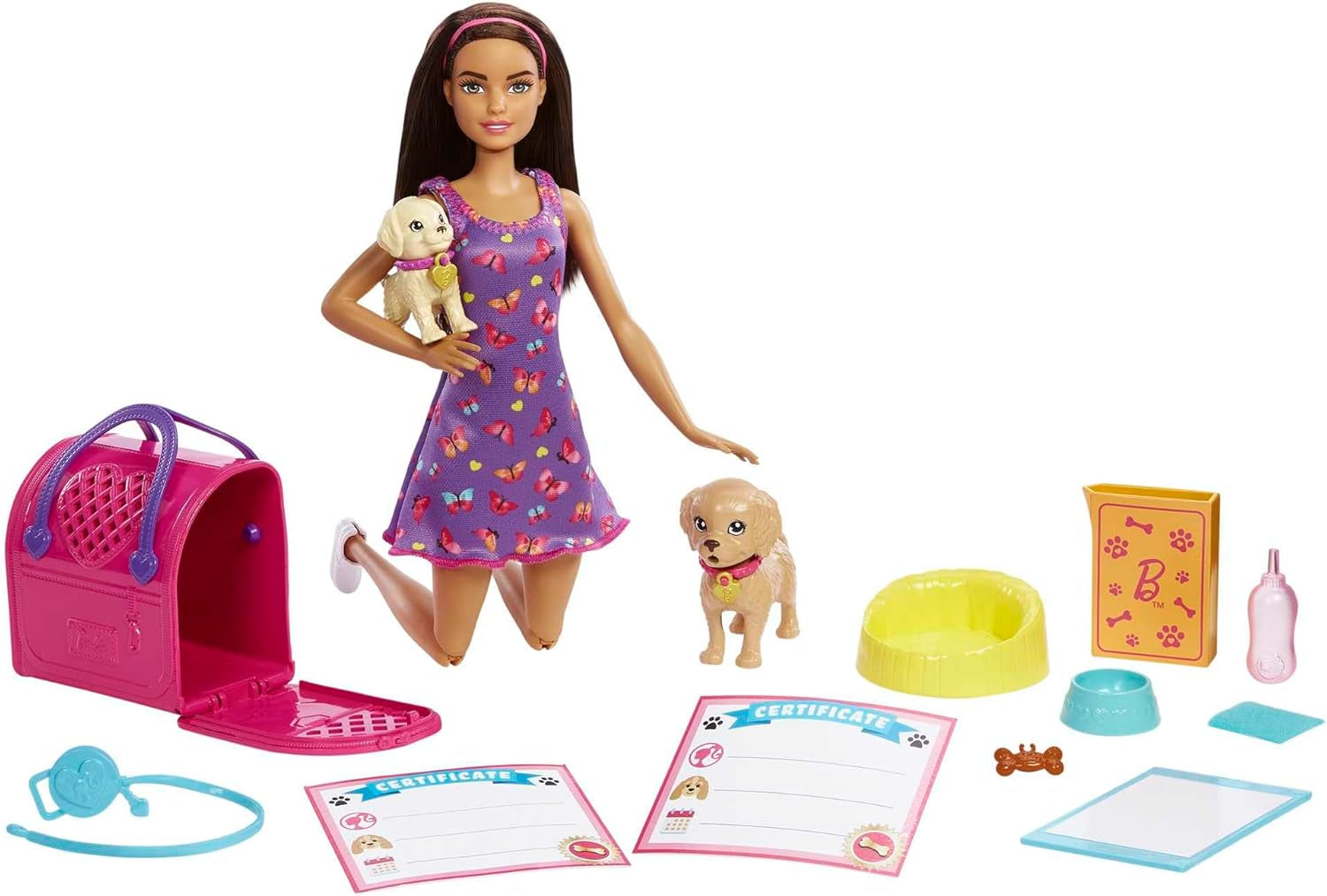Adoption Barbie Puppy – Puppe und 2 Welpen, mit Adoptionsurkunden, Farbwechseleffekt, Käfig und Zubehör, für Kinder ab 3 Jahren, HKD 86
