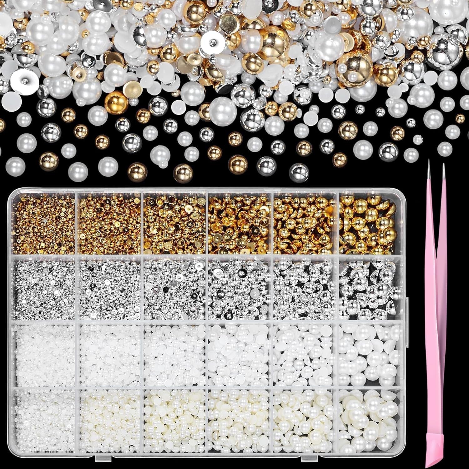 GZMAYUEN 920 Stück Gold Silber Flatback Perlen Für Nägel, Halbrunde Weiße Beige Nagelperlen, Kleine Halbrunde Flatback Perlen Für DIY Nail Art Decor