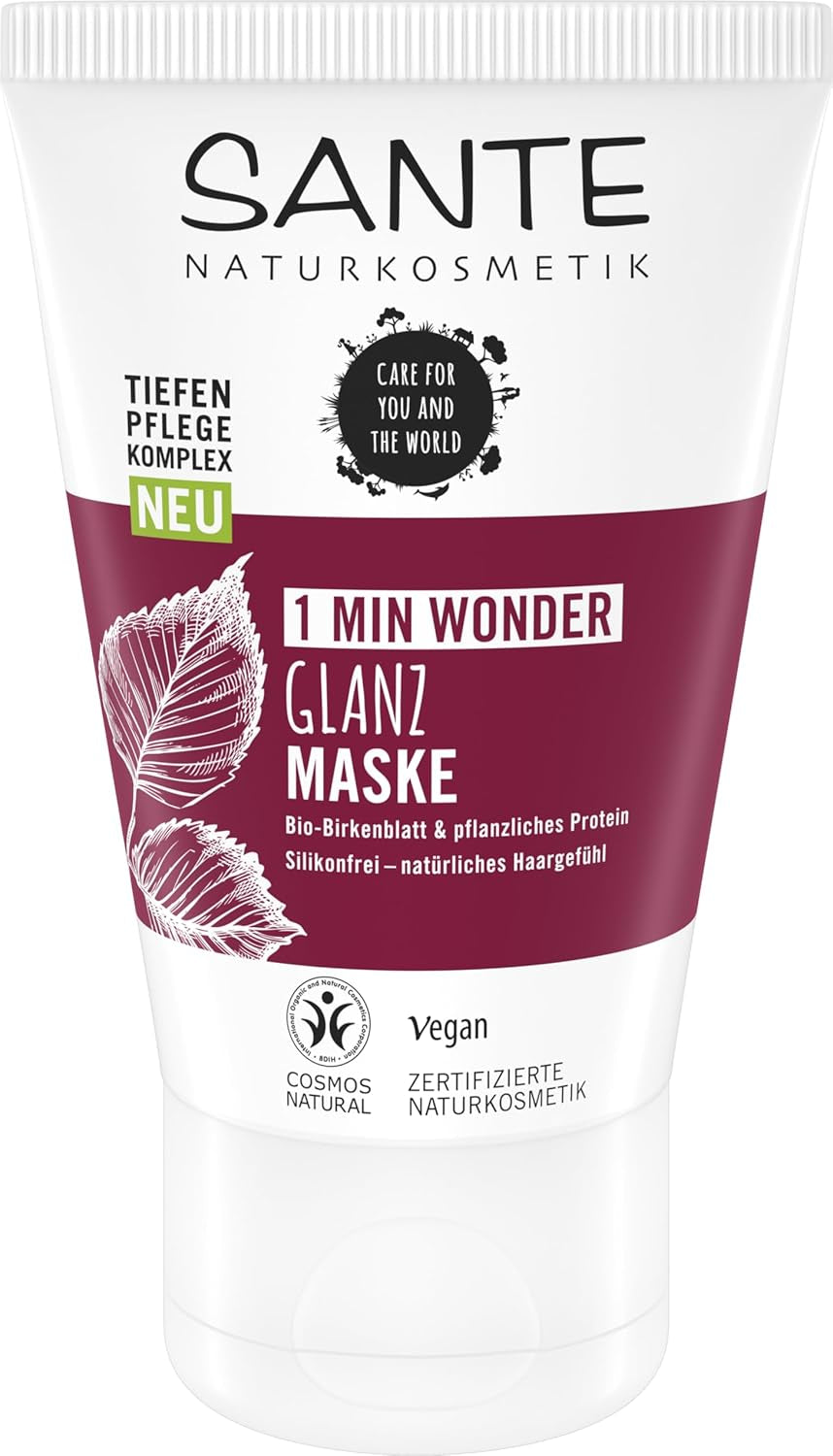 SANTE Naturkosmetik Glossy Shine Mask Bio-Birkenblattextrakt + 3x Proteinkomplex, silikonfreie und feuchtigkeitsspendende Haarmaske, vegane Haarpflege für mehr Glanz und Geschmeidigkeit, 150 ml Haarmaske Naty Shop Vechi