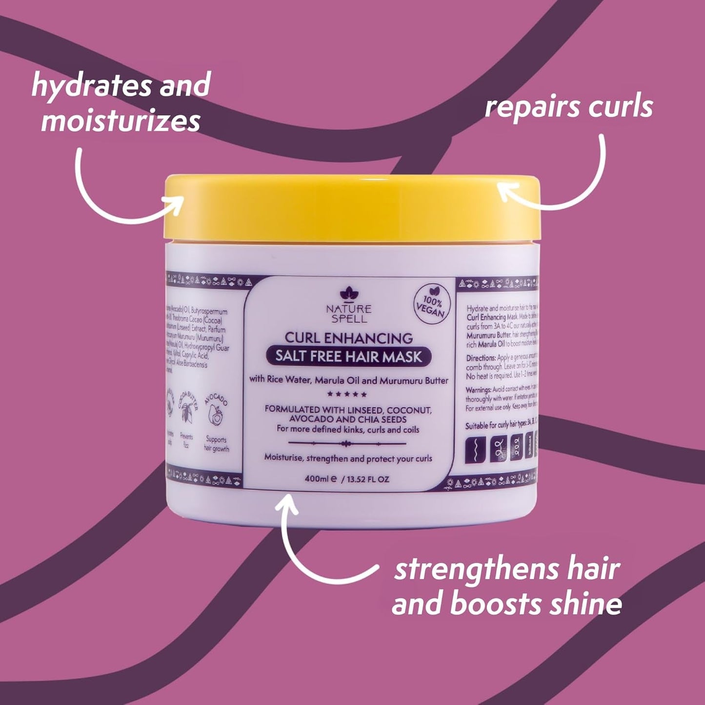 Haarmaske für lockiges Haar von Nature Spell 400 ml – angereichert mit Reiswasser und Leinsamen, für alle Lockentypen, sulfatfreie Naty Shop Haarmaske