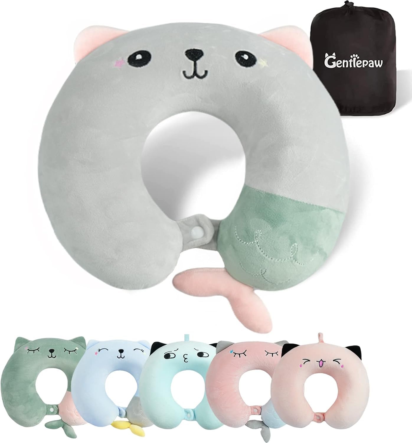 Nackenkissen, Kinder-Nackenkissen für Flugzeug, Auto, Zug, Reisen, Erwachsene, Memory-Schaum-Reisekissen, niedliches Tiermuster, U-förmiges Kissen, abnehmbarer Bezug (Rosa2), orthopädische Nackenkissen, Naty Shop, Grau