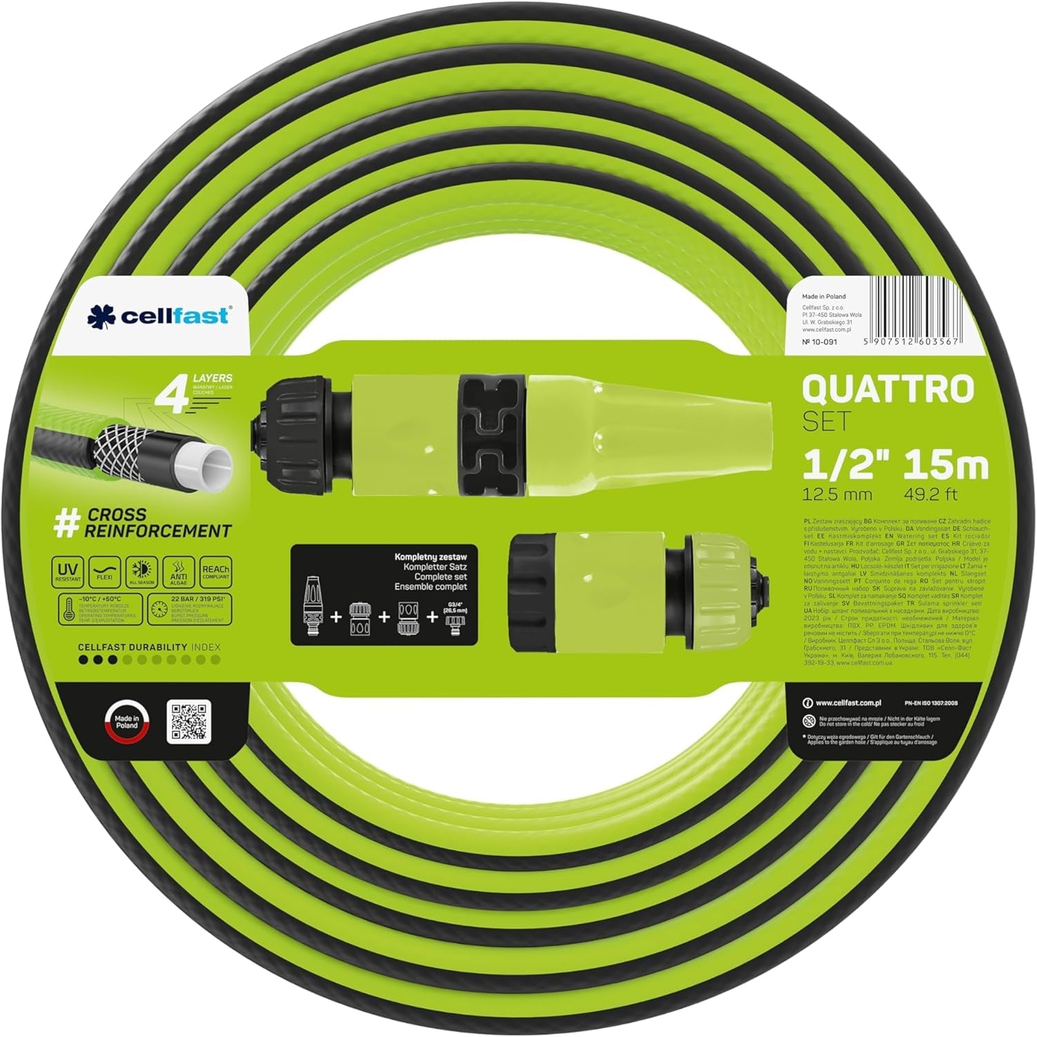 Cellfast QUATTRO Gartenschlauch, langlebig, leicht, 4-lagiger, UV-beständiger Drahtschlauch, Kreuzgeflecht, 20 Bar, 3/4 Zoll, 15 m, 10-074