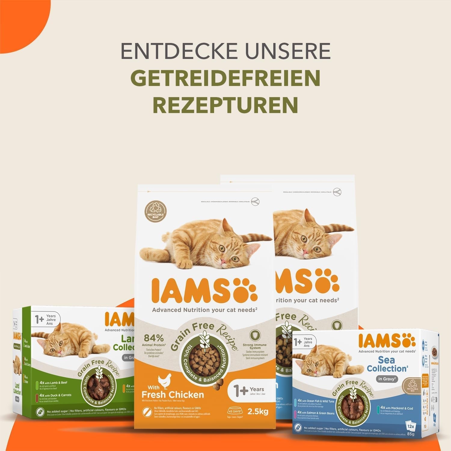 IAMS Delights Land Collection Getreidefreies Nassfutter für Katzen – Fleisch-Sortenpaket, Mehrfachpackung, getreidefreies Nassfutter für Katzen ab 1 Jahr, 12 x 85 g