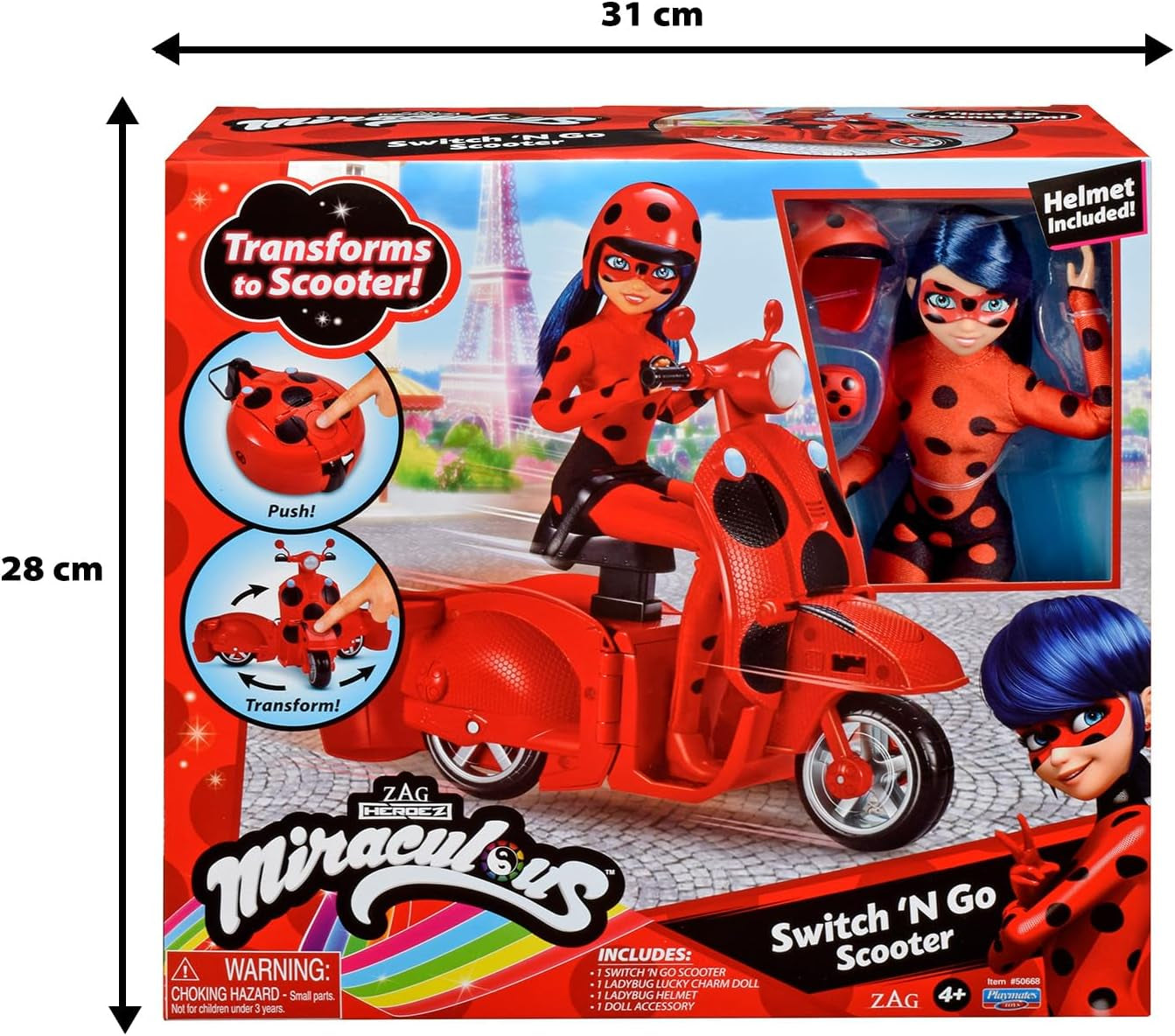 Bandai – Miraculous Ladybug – Miraculous Switch’n Go Scooter + 26 cm große Gelenkpuppe Ladybug Lucky Charm – P50668