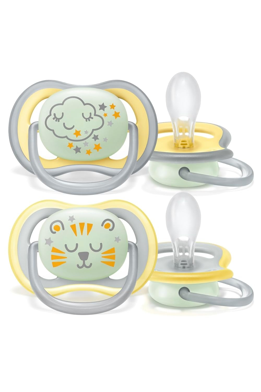Philips AVENT Ultra Air Nachtschnuller für Babys ab 18 Monaten, leuchtet im Dunkeln, Doppelpack, Wolke/Tiger (Modell SCF376/01)