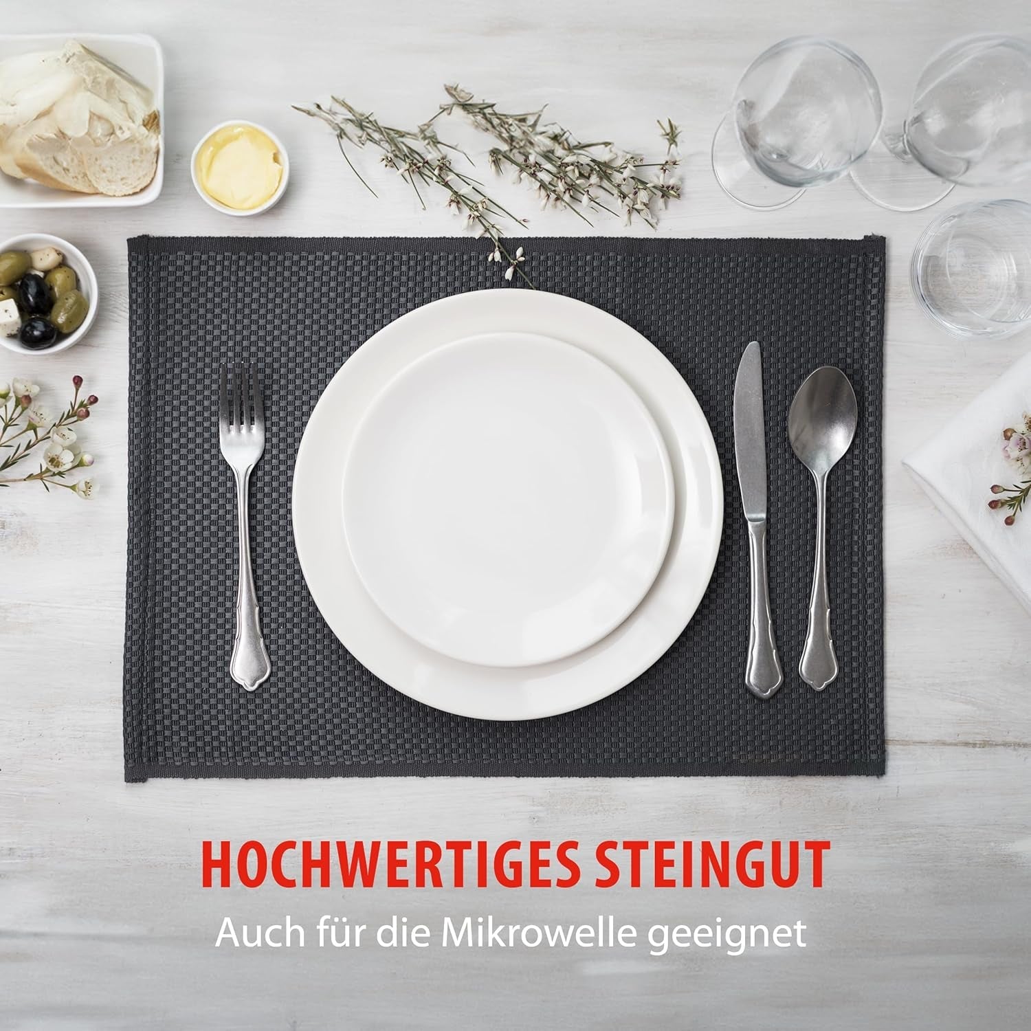 alpina Geschirrset 8 Personen - 40-teiliges Steingut Geschirr - Teller Set mit Speiseteller, Schalen und Kaffeebecher - Campinggeschirr - Mikrowellen- und Spülmaschinengeeignet - Weiß