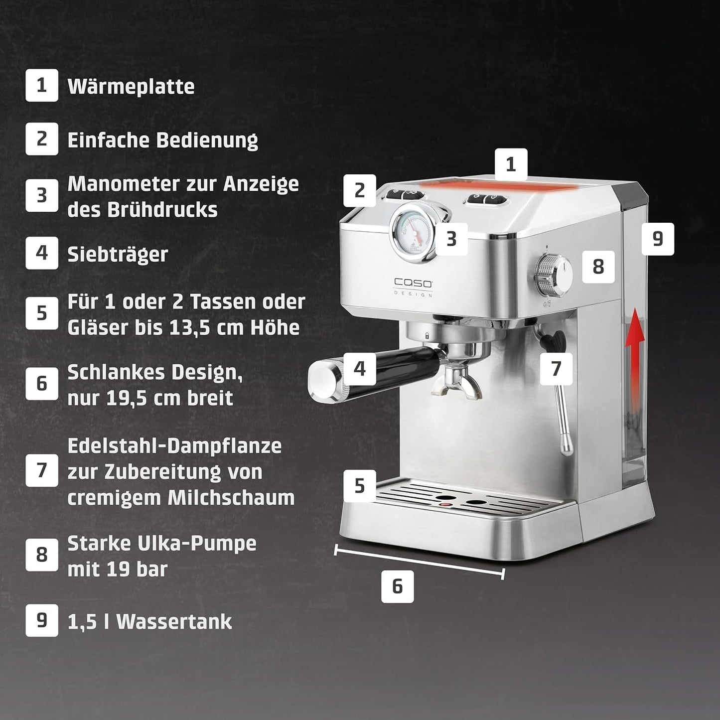 Caso Espresso Gourmet – Siebträger-Espressomaschine aus Edelstahl, leistungsstarke 19-bar-Ulka-Pumpe, mit Milchaufschäumer, für gemahlenen Kaffee oder ESE-Kaffeekapseln, für 2 Tassen, mit Tassenwärmer