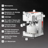 Caso Espresso Gourmet – Siebträger-Espressomaschine aus Edelstahl, leistungsstarke 19-bar-Ulka-Pumpe, mit Milchaufschäumer, für gemahlenen Kaffee oder ESE-Kaffeekapseln, für 2 Tassen, mit Tassenwärmer