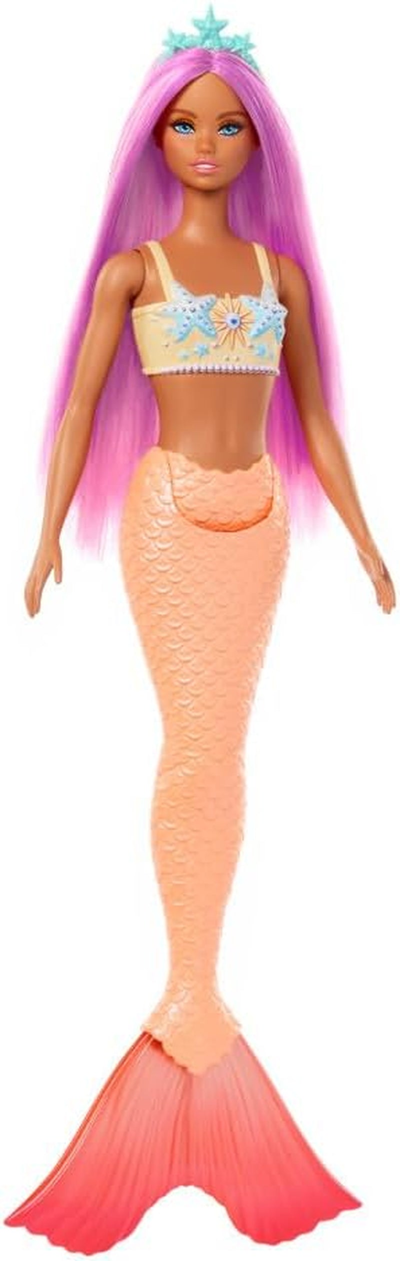 Meerjungfrau-Barbie-Puppe mit schickem rosa Haar und Stirnband, Seesternkopf-Puppe und weicher orangefarbener Schwanzflosse, HRR05