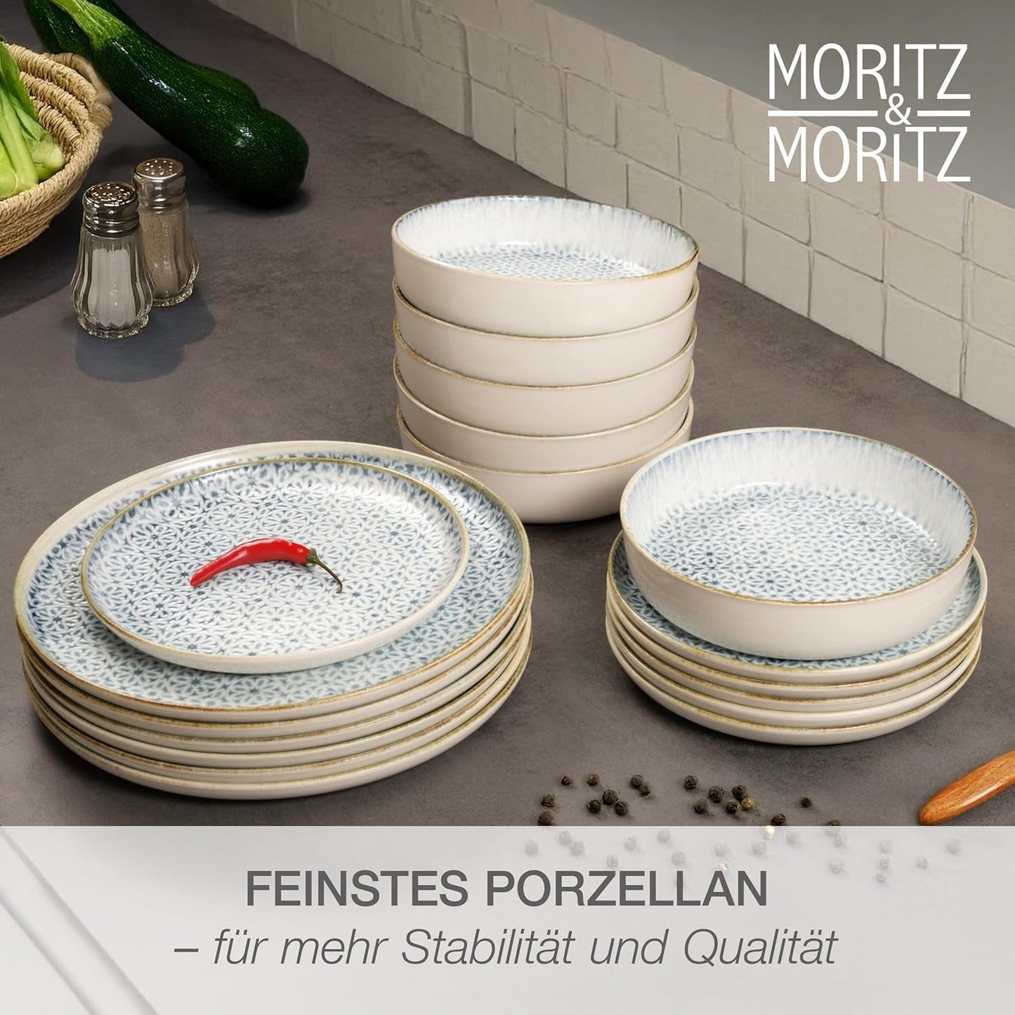 Moritz & Moritz ALHAMBRA Tafelservice für 6 Personen, 18-teilig, hochwertiges Porzellan – modernes blaues Tafelservice – pflegeleichtes Set bestehend aus 6 Speisetellern, 6 Desserttellern und 6 Schüsseln