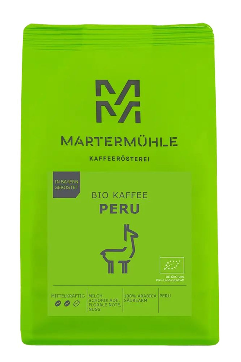Martermühle Peru Bio Kaffeebohnen 1kg mittelkräftig I Arabica I Aroma: Milchschokolade, florale Noten, Nüsse I Ganze Bio Kaffee-Bohnen schonend geröstet, säurearm