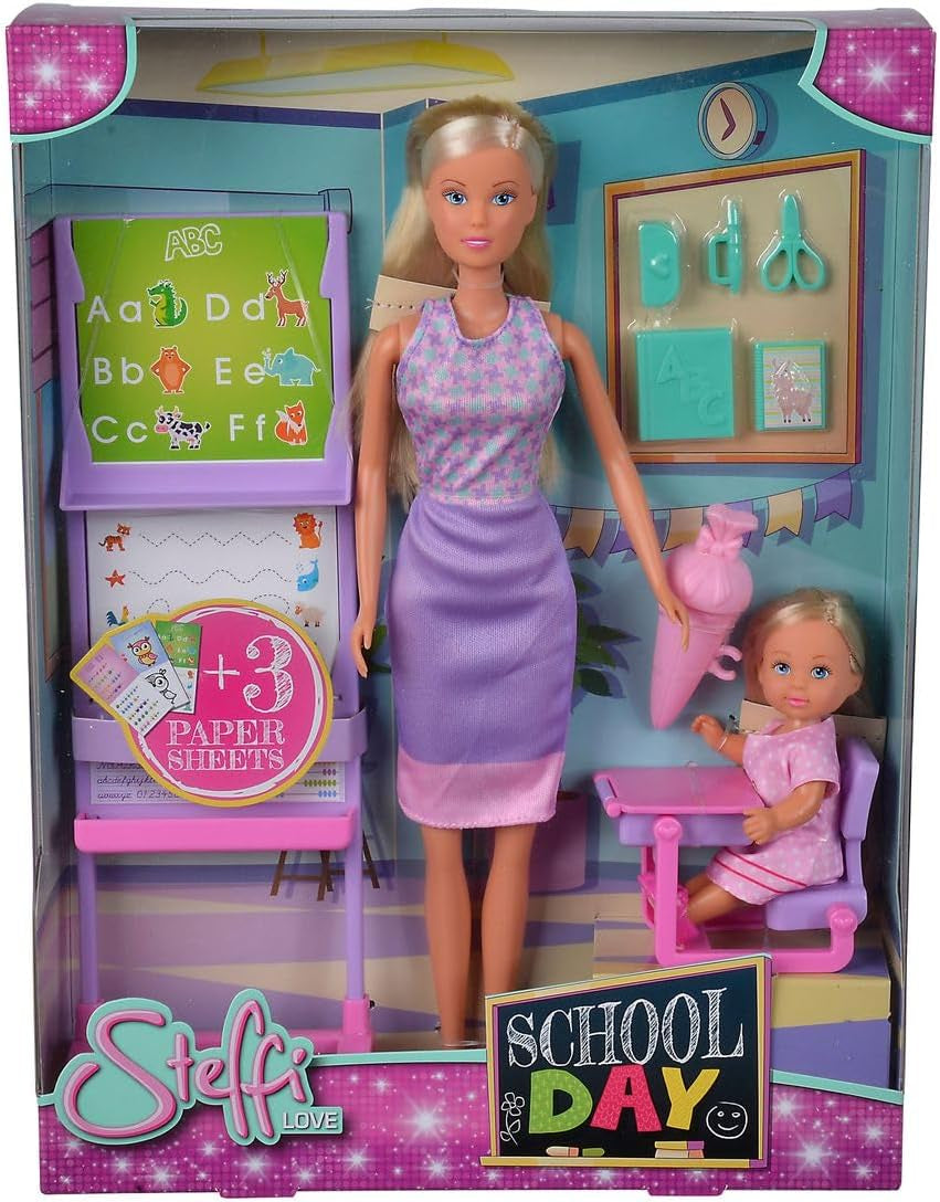 Simba Steffi Love School Day Teacher und Evi Student Dress Up Doll mit Tafel, drei austauschbaren Tafelansichten, Stuhl mit aufklappbarem Tisch, 29 cm, ab 3 Jahren