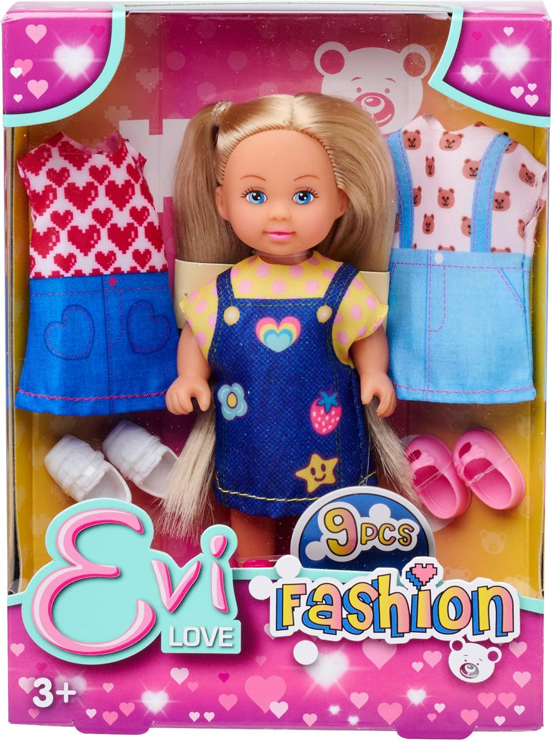 Simba Evi Love Modepuppe trägt ein süßes Jeanskleid, darunter zwei weitere Outfits mit bezaubernden Drucken und Turnschuhen, 12 cm, ab 3 Jahren