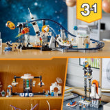 LEGO 31142 Creator 3-in-1-Weltraum-Achterbahn-Spielzeugset für Kinder mit funktionierenden Wagen, lässt sich in einen Freifallturm oder ein Karussell mit Raketen und leuchtenden Steinen umbauen. Besuchen Sie den LEGO-Store
