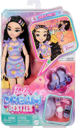 Dream Besties Barbie-Puppe und Zubehör, modische Barbie-Renee-Puppe mit Rollschuhlaufen und schwarzem Haar, 12 thematische Accessoires mit Videos und Essen, JFX99