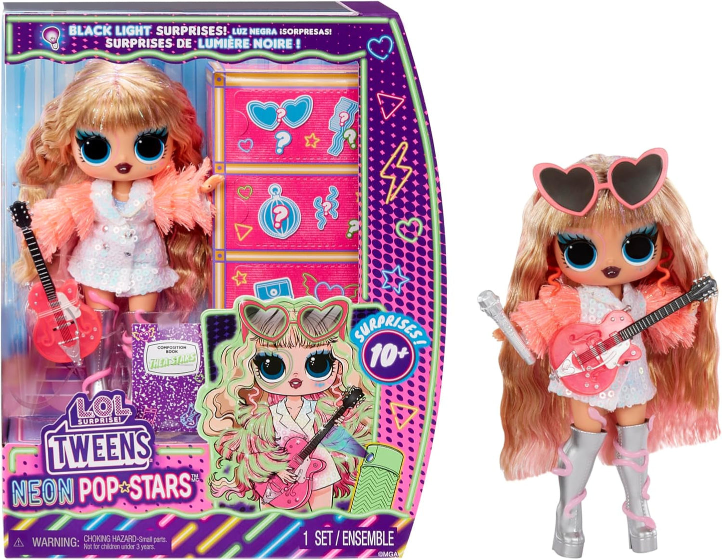LOL Überraschung! Tweens Neon Pop Stars – Thea Stars – 1 Modepuppe mit hintergrundbeleuchteten Überraschungen und über 10 Popstar-Kleidung und -Accessoires, darunter ihre pinkfarbene Gitarre, Geschenk für Kinder ab 4 Jahren