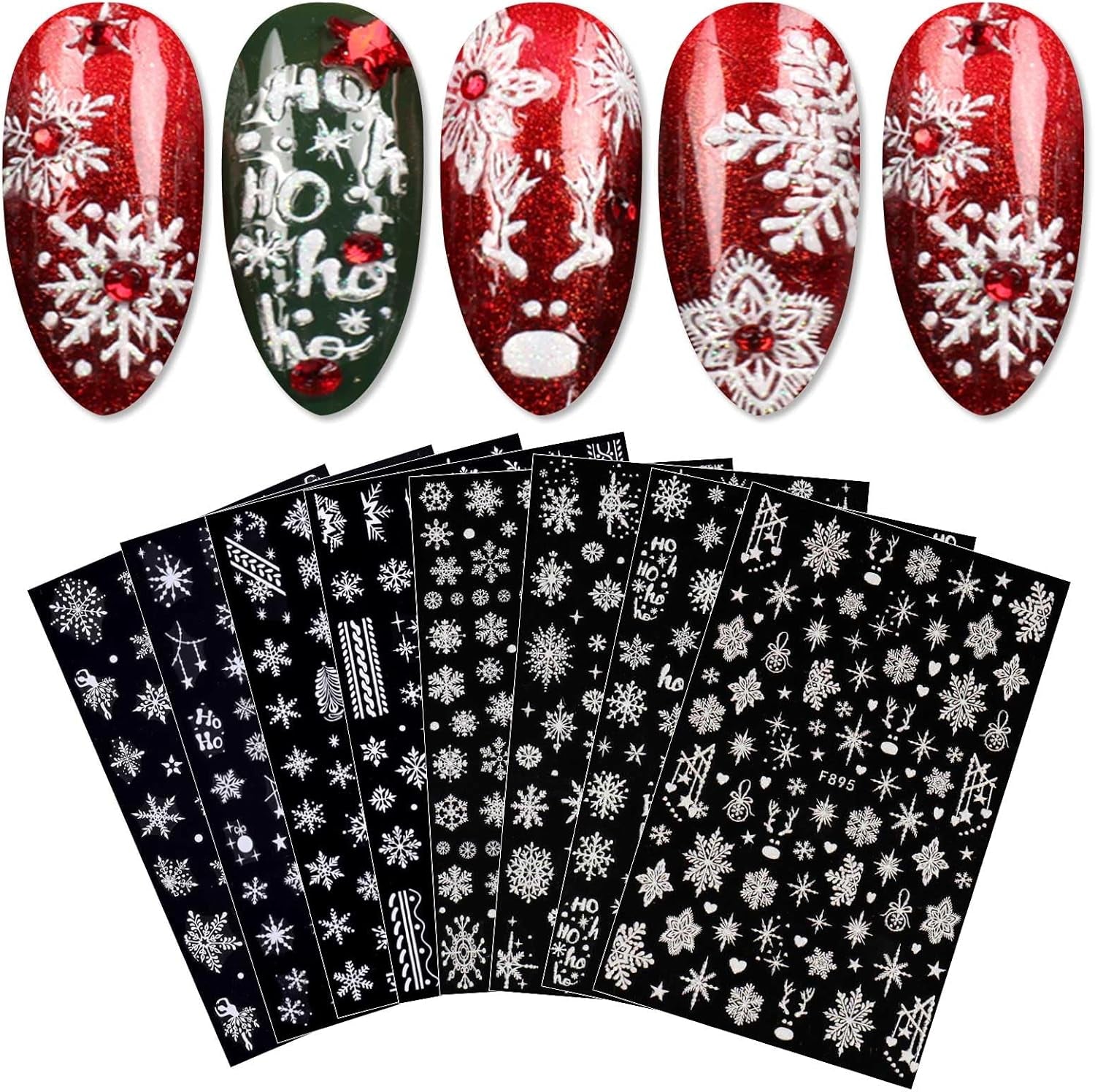 JMEOWIO Nagelsticker Weihnachten Weiß Glitter 8 Blatt Nail Art Sticker Selbstklebend Nagelaufkleber Schneeflocke Winter Urlaub Dekoration Nageldesign Zubehör