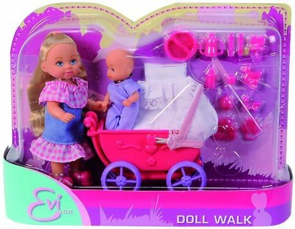 Simba 105736241 Evi Love Walk Doll, 2 sortierte Evi-Puppe mit Babypuppe, mit Puppenwagen, inklusive Zubehör, Modepuppe, 12 cm, für Kinder ab 3 Jahren
