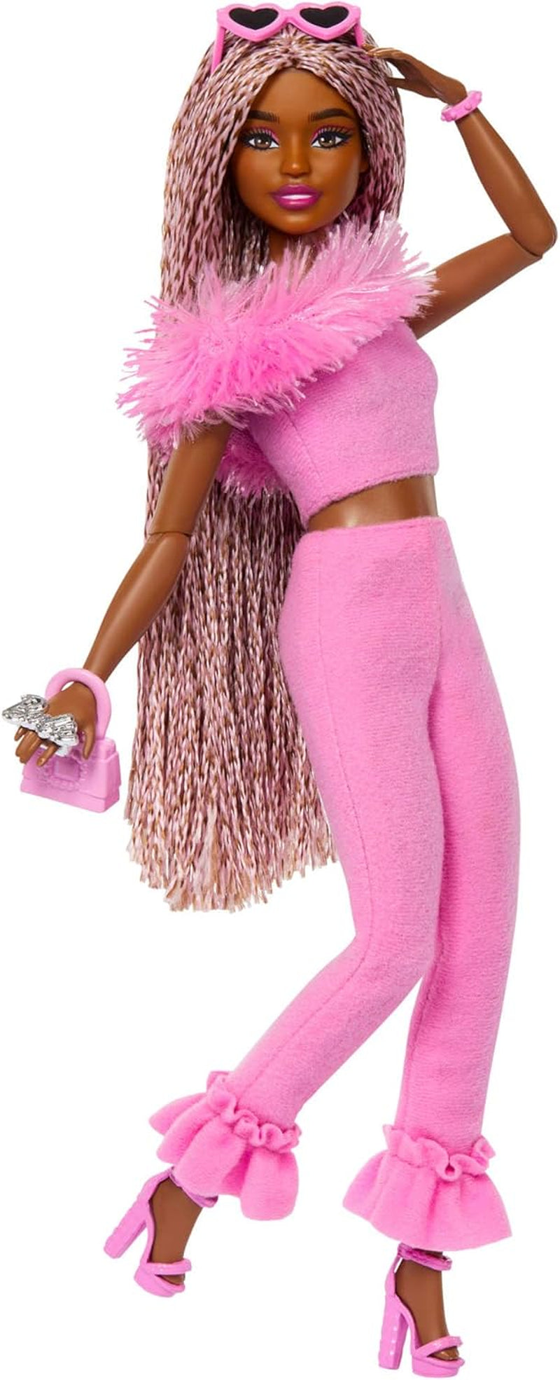 Barbie-Puppe Deluxe Style-Nr. 3 mit Barbiecore-Outfit, blonden Haaren in einem hohen Dutt, pastellrosa Kleid mit übergroßer Schleife und Accessoires wie Netzstrumpfhosen, HYV27 Naty Shop Brown Dolls