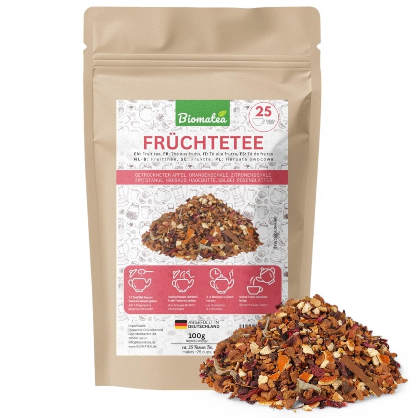 Früchtetee – 100 g Aromatisierte Früchtemischung mit Apfel, Hibiskus und Zimt – Druckverschlussbeutel, ca. 25 Tassen – Ohne Zusatzstoffe, verpackt in Deutschland