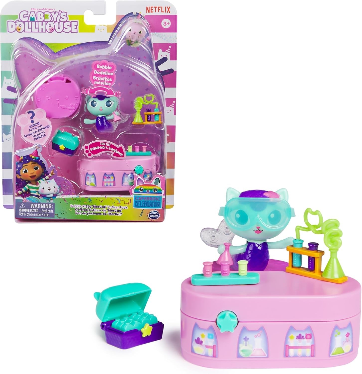 DREAMWORKS GABBY DOLLS HOUSE – Meerkätzchen Bobble Kitty Möbelpaket, Katzenfigur mit Puppenhausmöbeln und Zubehör, ab 3 Jahren