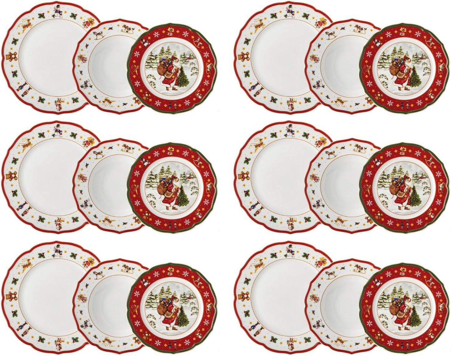 Hutschenreuther Happy Wintertime Red Christmas Geschirrset für 6 Personen, Porzellan, mehrfarbig, 6 Frühstücksteller, 6 Speiseteller und 6 Speiseteller, spülmaschinen- und mikrowellengeeignet