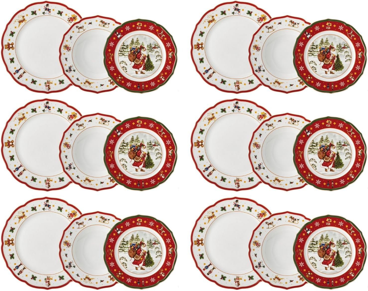 Hutschenreuther Happy Wintertime Red Christmas Geschirrset für 6 Personen, Porzellan, mehrfarbig, 6 Frühstücksteller, 6 Speiseteller und 6 Speiseteller, spülmaschinen- und mikrowellengeeignet