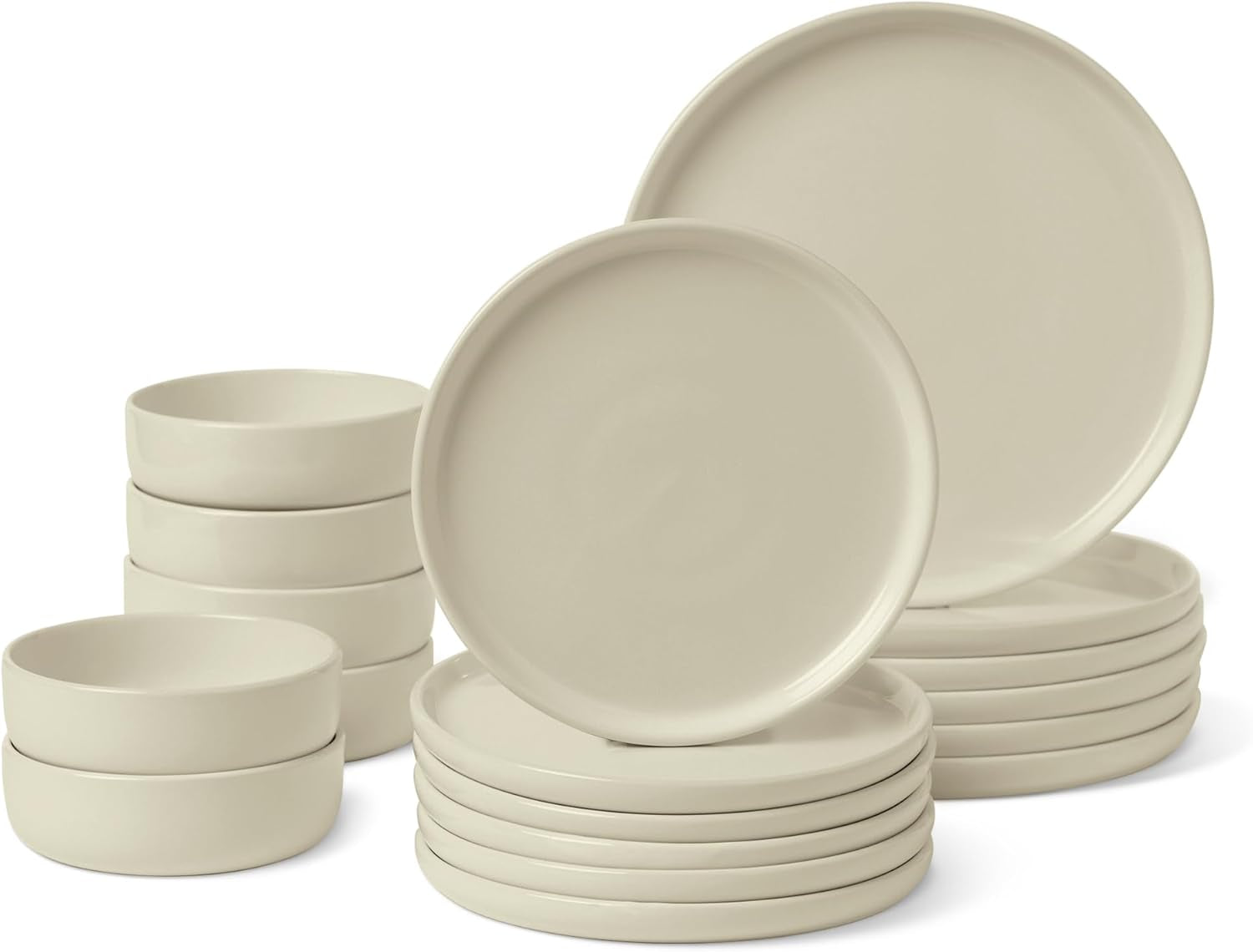 Amazon Basics – Geschirrset aus glasiertem Steinzeug, 18-teilig, 6 komplette Sets, spülmaschinenfest, Elfenbeinfarben