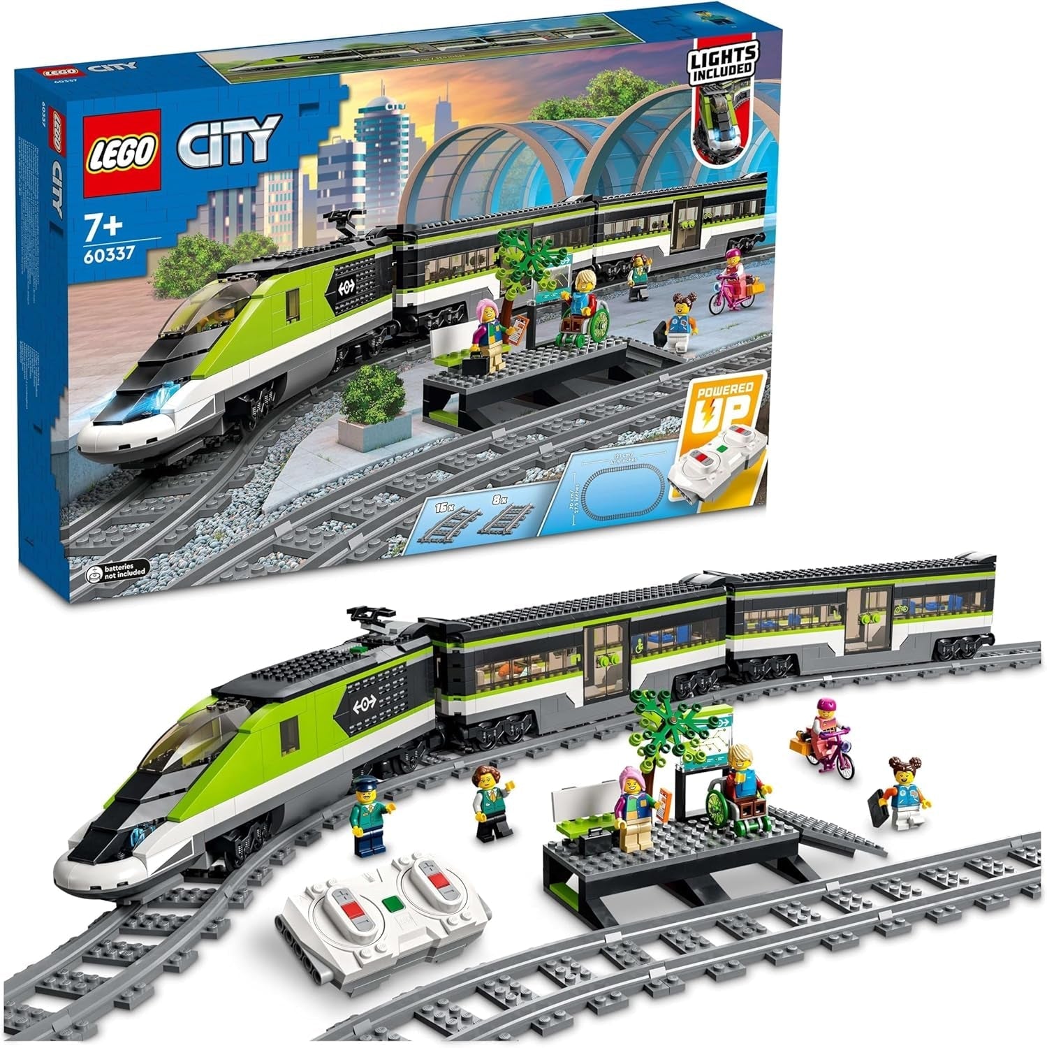LEGO City Personen-Expresszug, ferngesteuertes Zugset, Eisenbahnspielzeug mit Scheinwerfern, 2 Waggons und 24 Gleiselementen, Geschenk für Kinder, Jungen und Mädchen 60337 Bausets Besuchen Sie den LEGO-Store Single