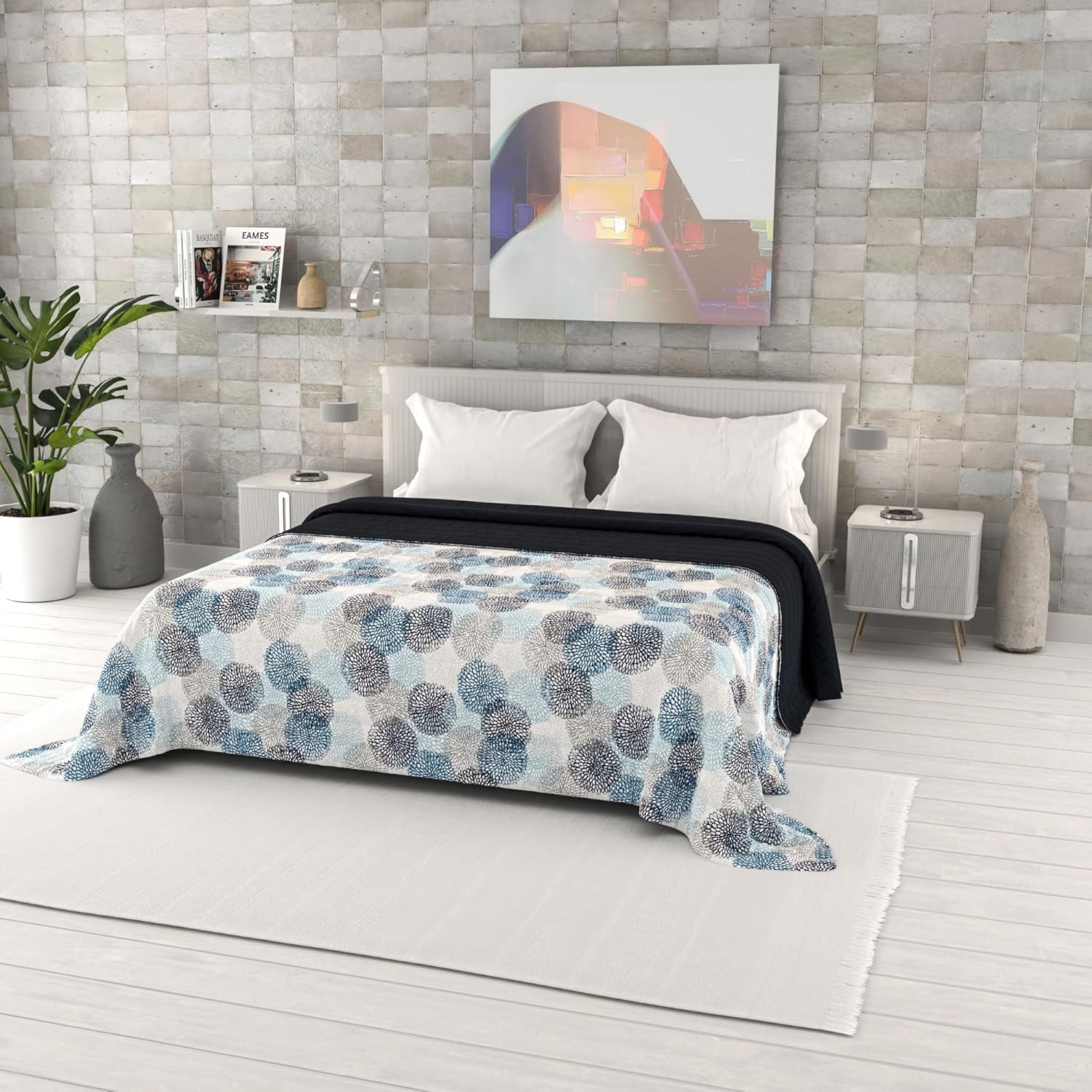 Fantasiebedruckte Sommerdecke, Polyesterfüllung, Blütenblätter, 260 x 270 cm. Steppdecken und Steppdecken Naty Shop Soffioni Blu 260 x 270 cm