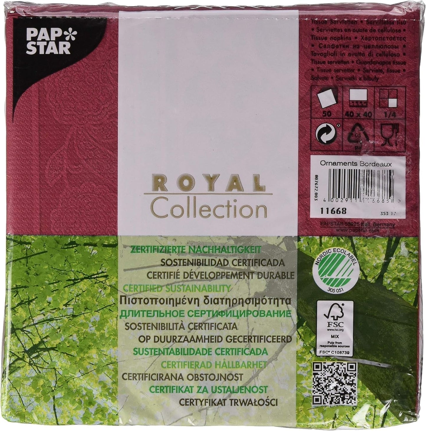 50 Servietten „ROYAL Collection“ 1/4 Falz 40 cm x 40 cm Bordeaux „Ornaments“
