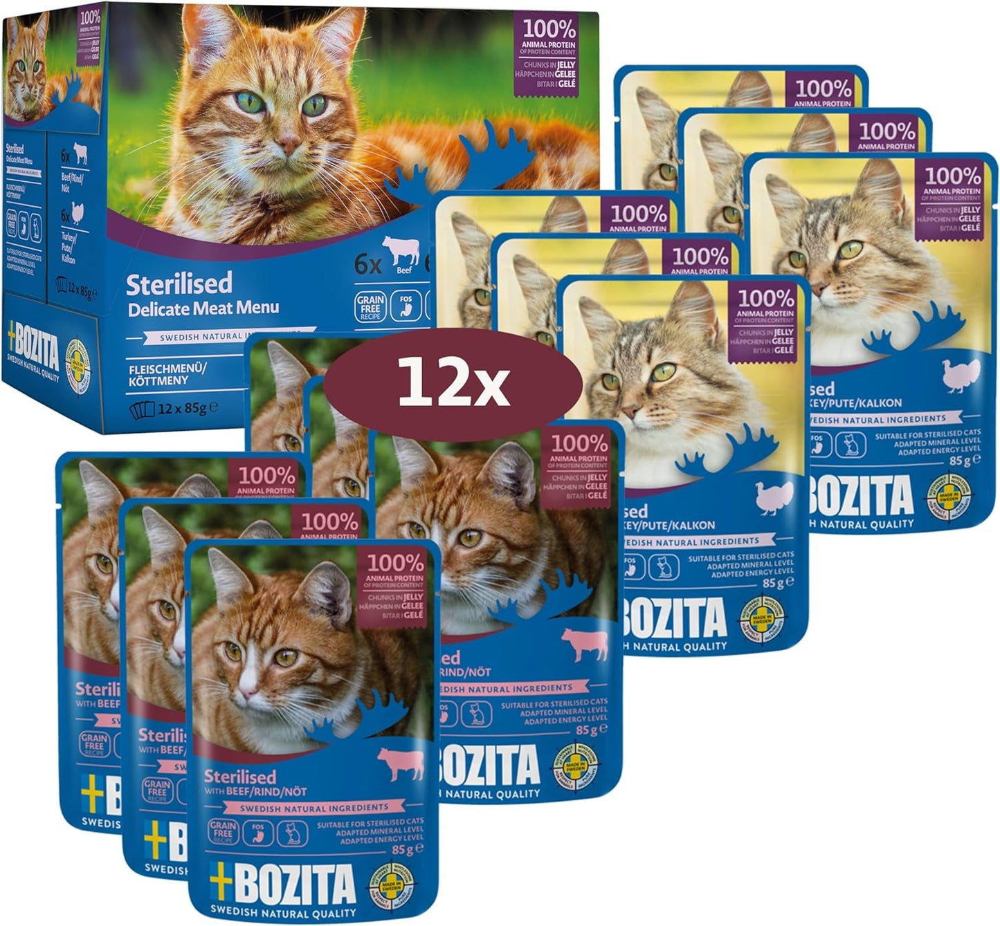 Bozita Sterilized Nassfutter Häppchen in Gelee mit Fleisch - 12x85g Portionsbeutel getreidefreies & weizenfreies Futter für Katzen - Katzen Nassfutter mit 8,5% Protein & 3,5% Fettgehalt