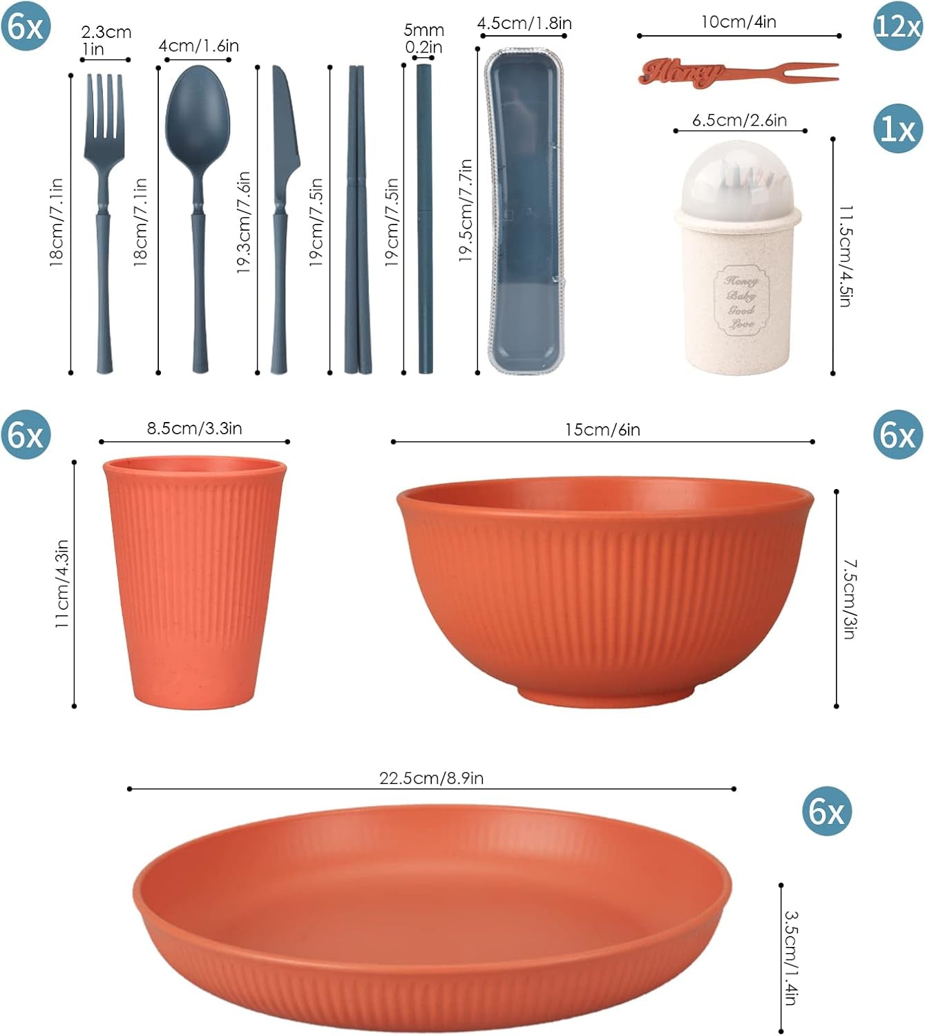 Unzerstörbares 6-Personen-Besteckset, Campingbesteck-Set, 66-teilig, Kunststoff-Picknickbesteck-Sets, leichtes, buntes BBQ-Kunststoff-Servierteller, Schüsseln, Besteck-Set