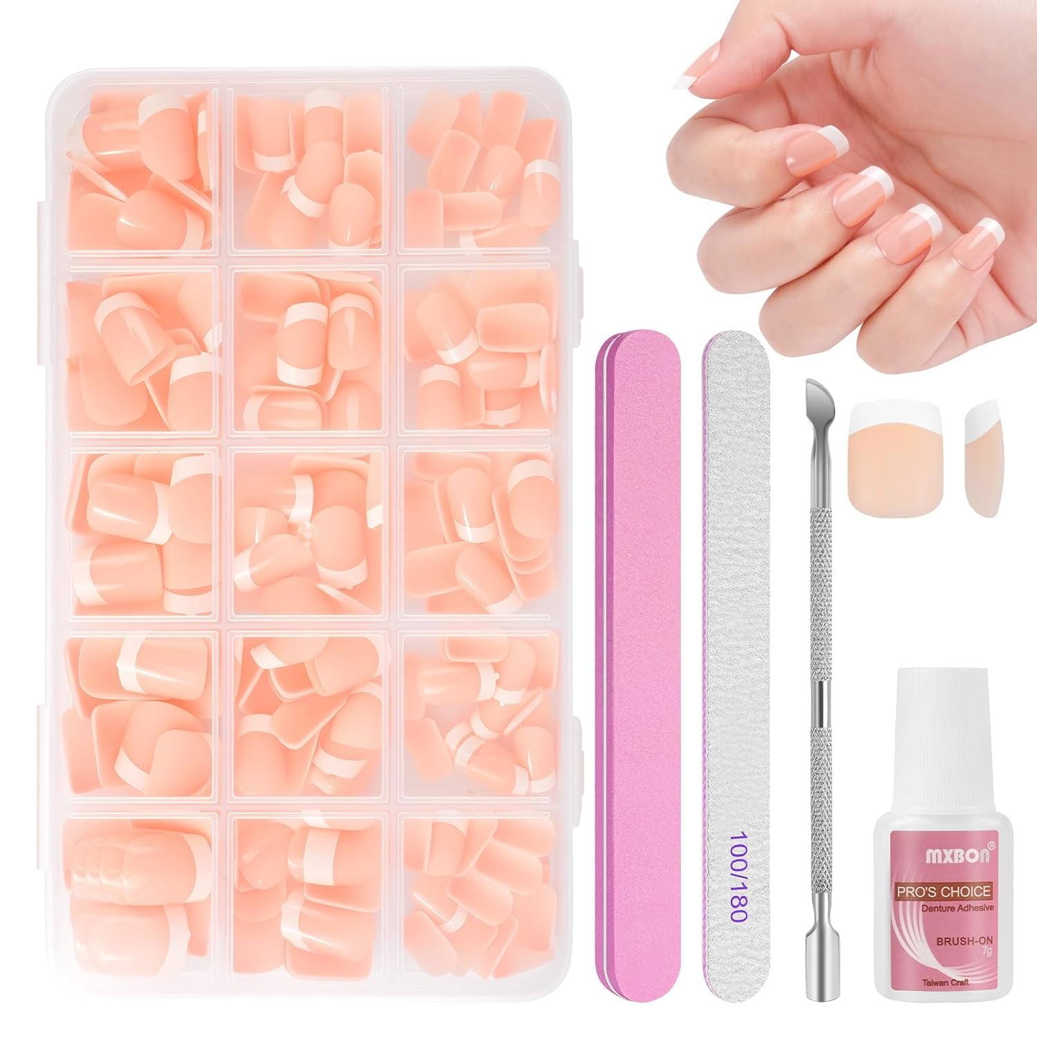 240-teiliges Set mit künstlichen Nagelspitzen, French Press On False Nails, Press On French Nails, 12 Größen, Fake Nails mit Kleber für Damen und Herren (Nude White Medium Almond)