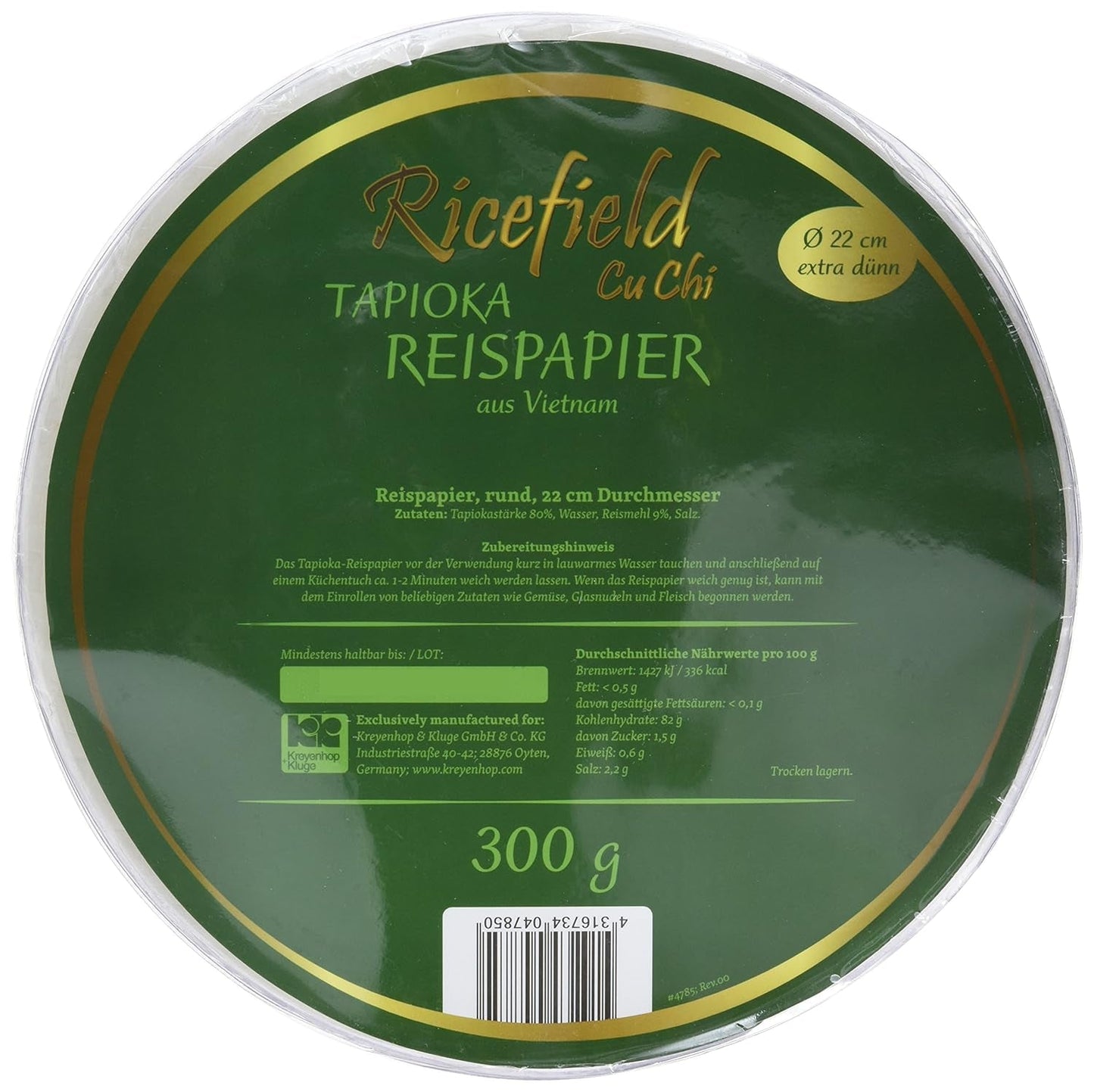 Ricefield Tapioka-Reispapier, rund, 22 cm, Premium-Qualität, 300 g