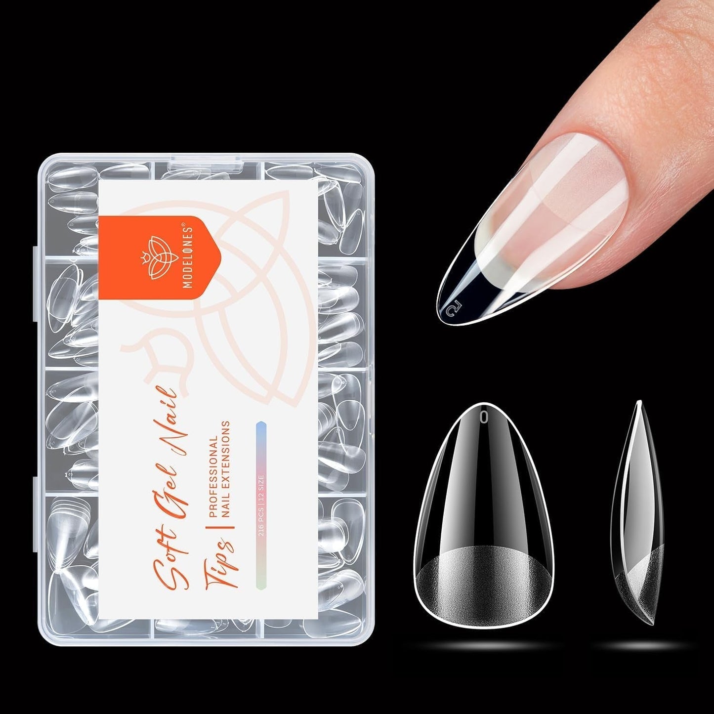 Modelones Nagelspitzen 216-teilig – Nagelspitzen-Set mit vollständiger Abdeckung, weiches Gel-Spitzen-Set, vorpolierende PMMA-Harz-Nagelspitzen, DIY-Kleber auf künstlichen Nägeln für Nagelkunst, kurze Mandeln XS