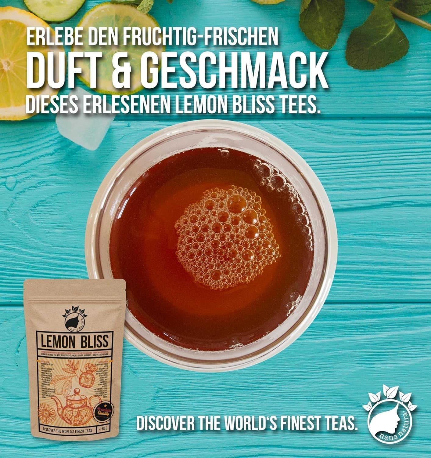Nananaturas Original LEMON BLISS TEE 85G | Fruchtiger und erfrischender Sommer-Kräutertee | Als kalter Tee, Eistee oder klassisch heiß | Mit Blüten, Blättern und sonnengereiften Beeren | Kein Zucker