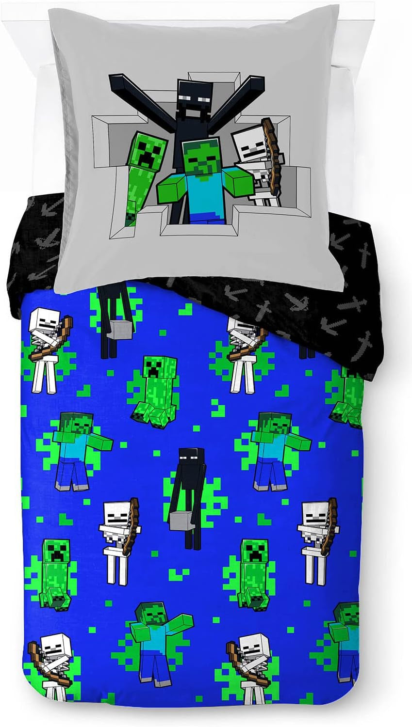Bettwäsche für Kinder, Disney-Figuren, 100 % Baumwolle Bettwäsche – Kinder Naty Shop Blau – Minecraft 135X200/80X80 (2 Stück)