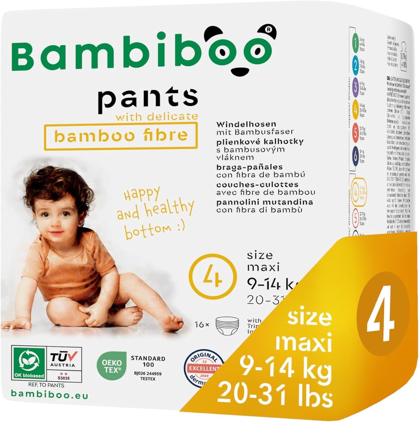 Bambiboo Einwegwindeln, hautfreundlich, feine Bambusfaser – Babywindelhöschen – Einwegwindelüberhosen – Schutz für empfindliche Haut – sehr saugfähig – Größe 4 (Maxi), 16 Stück