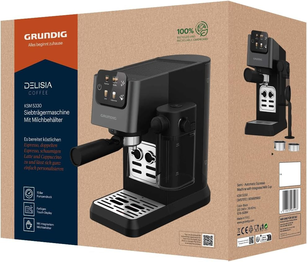 Siebträger-Espressomaschine GRUNDIG KSM 5330 mit integriertem Milchbehälter, Leistung 1628 W, Pumpendruck 15 bar, Doppeldüse, farbiges Touch-Display, BrewSense, CreamyPro, Edelstahl dunkel/Schwarz
