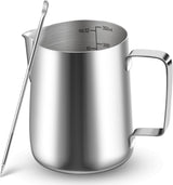 Milchbecher, 350 ml, Milchbecher aus Edelstahl mit Messmarkierung, Barista-Zubehör, Milchbecher für Cappuccino, Espresso, Latte Art, Kaffeeliebhaber, Silber, 355 ml