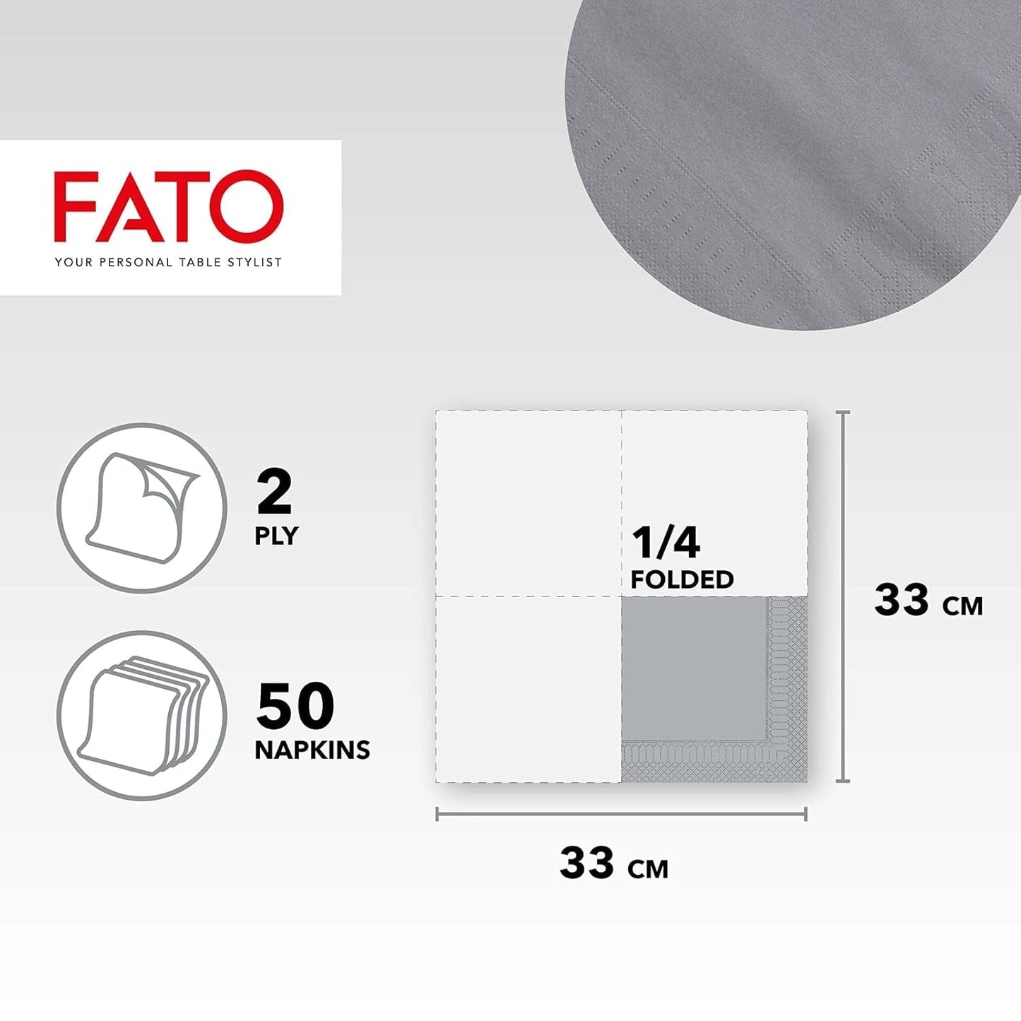 , Einweg-Papierservietten, ideal für zwanglose Mittagessen und Buffets, Packung mit 50 Servietten, Größe 33 x 33, in 4 gefaltet, 2 Schichten, grau, 100 % reines Zellulosepapier, FSC-zertifiziert