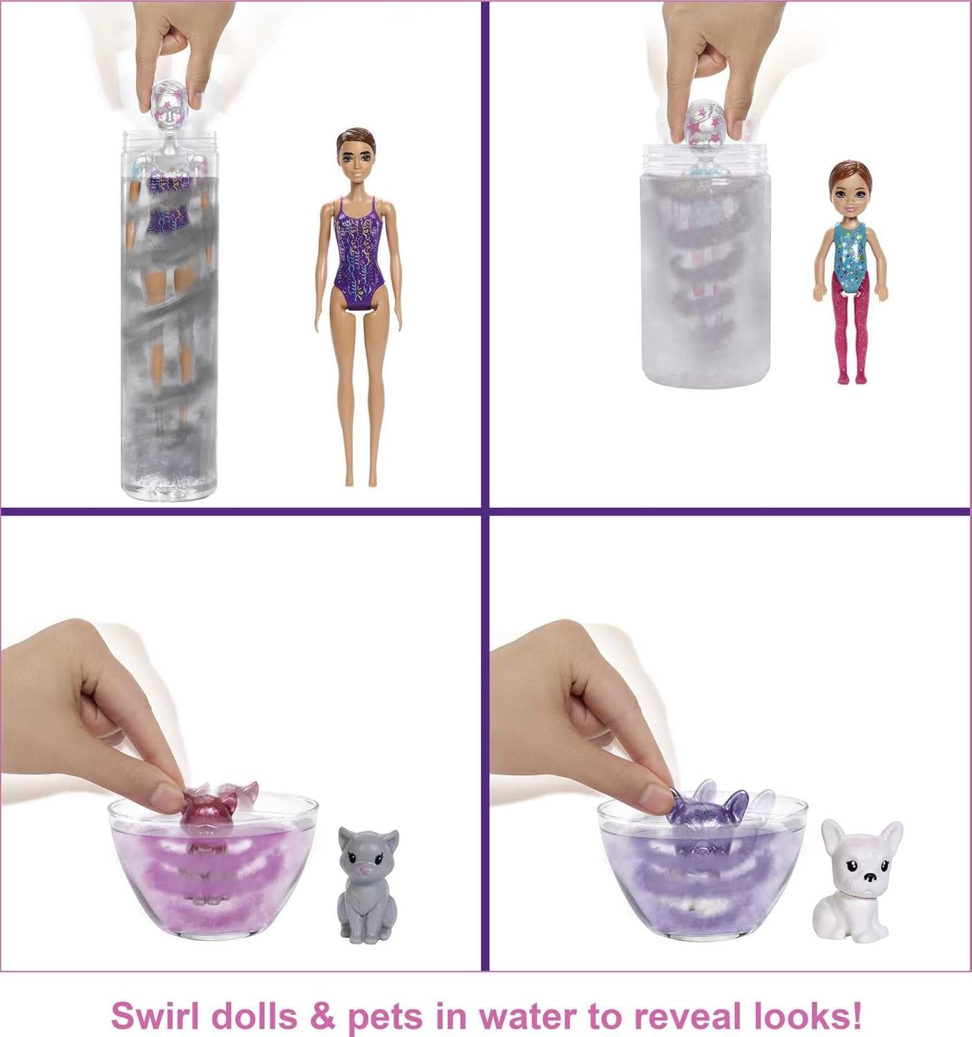 Barbie GXJ88 – Color Reveal Surprise Party, +50 Überraschungen: 1 Puppe, 1 Chelsea-Puppe, 2 Tiere, 6 Farbwechsel, Zubehör und mehr, Tanzparty-Set, Spielzeuggeschenk für Kinder ab 3 Jahren